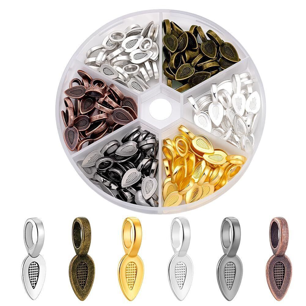 4913 120pcs 6 Colors Tibetan Style Alloy Glue-on Flat Pad Bails Leaf Bails